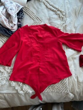 Women's Red V-Neck Button Front Tie-Hem Top